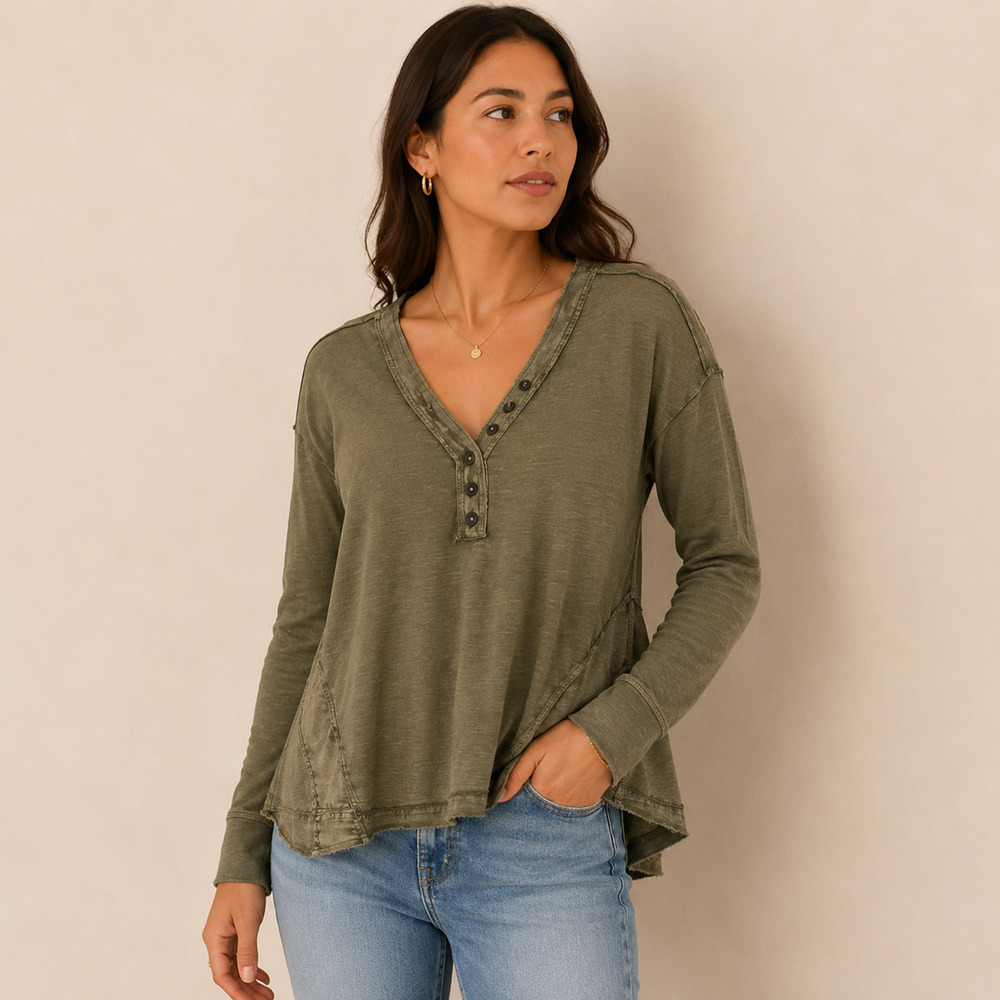 Anthropologie Pilcro Olive Henley Swing Top Long Sleeve Raw Hem Size S